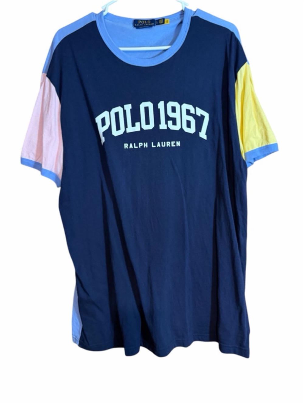 Polo Ralph Lauren blue yellow pink color block men’s cotton Tshirt large